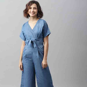 Blue Front Knot Denim Culotte Jumpsuit