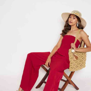 Women Red Strapless Basic Jumpsuit