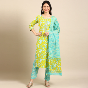 Green Kurta Pant Set With Dupatta