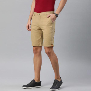 Men Khaki Solid Slim Fit Regular Shorts